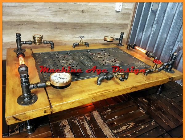machine age Antik kályhaajtós asztal steampunk