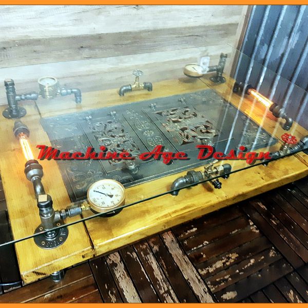 machine age Antik kályhaajtós asztal steampunk